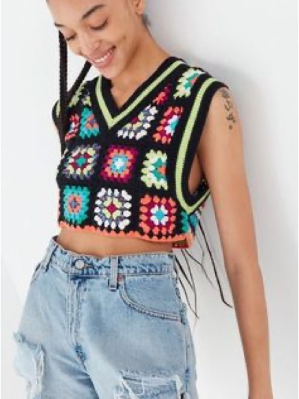 Urban Outfitters Black Crochet Patchwork Multicolor V-Neck Crop Top